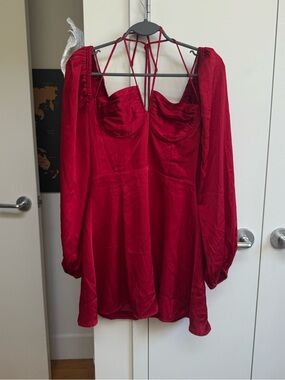 Astr The Label Red Satin Long-Sleeve Mini Dress